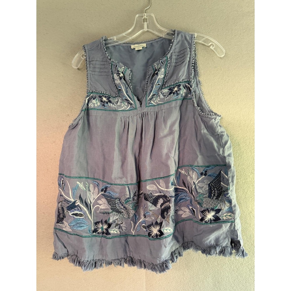 Sundance Tank Top Womens L Blue Floral Embroidered Linen Fringe Hem Tunic Boho